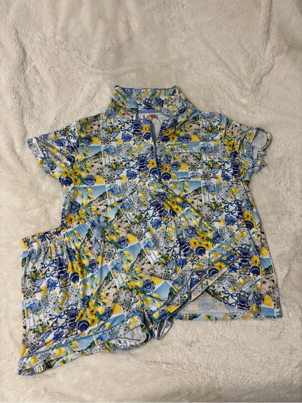Short Pajama Set in Yellow & Blue Floral Print. Never worn